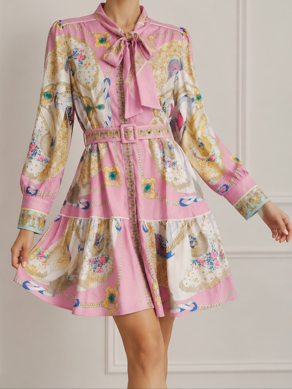 Dalia Pink Printed Tie-Neck Belted Mini Dress